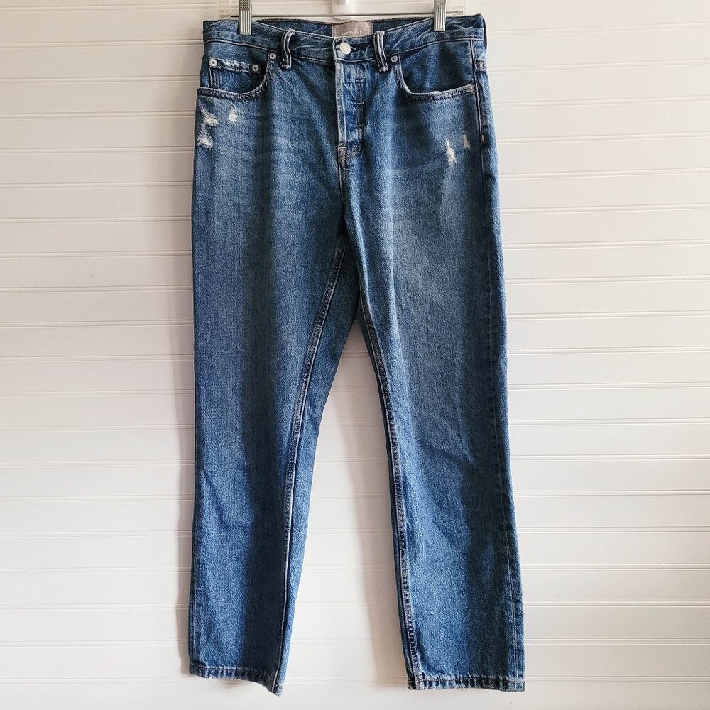 Everlane Jeans Size 27 Blue O-S Boyfriend Ripped Distressed Button Fly